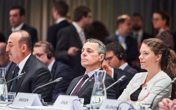 Bundesrat Cassis lauscht sitzend einer Rede am Ministertreffen des Europarats in Helsinki. 