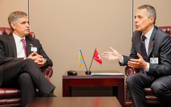 Federal Councillor Ignazio Cassis in discussion with Ukrainian foreign minister Osman Vadym Prystaiko. 