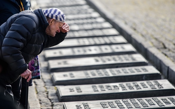 Holocaust Überlebender schaut auf Gedenktafeln von Opfern.