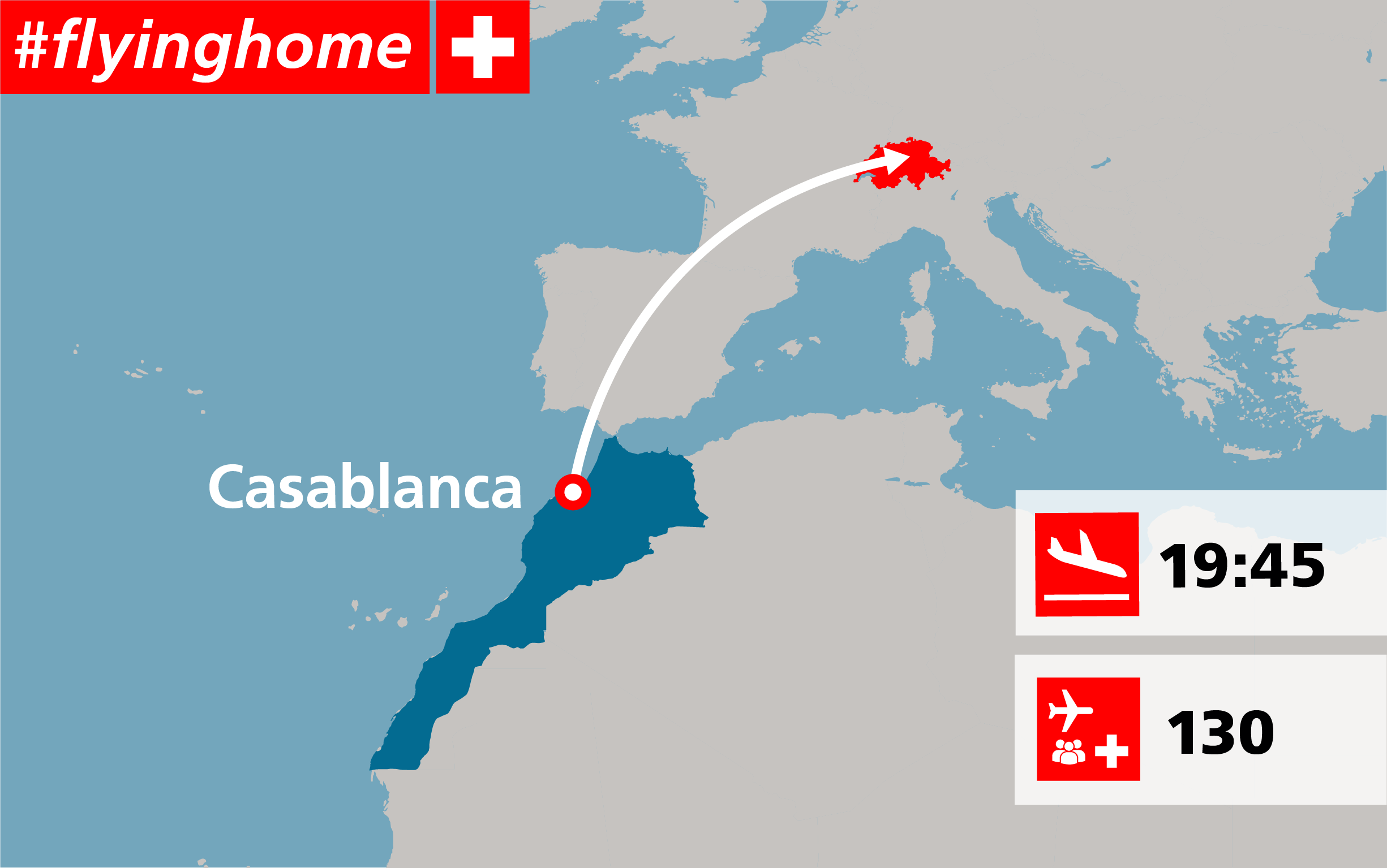 Carte indiquant l'itinéraire du vol de Casablanca à Zurich