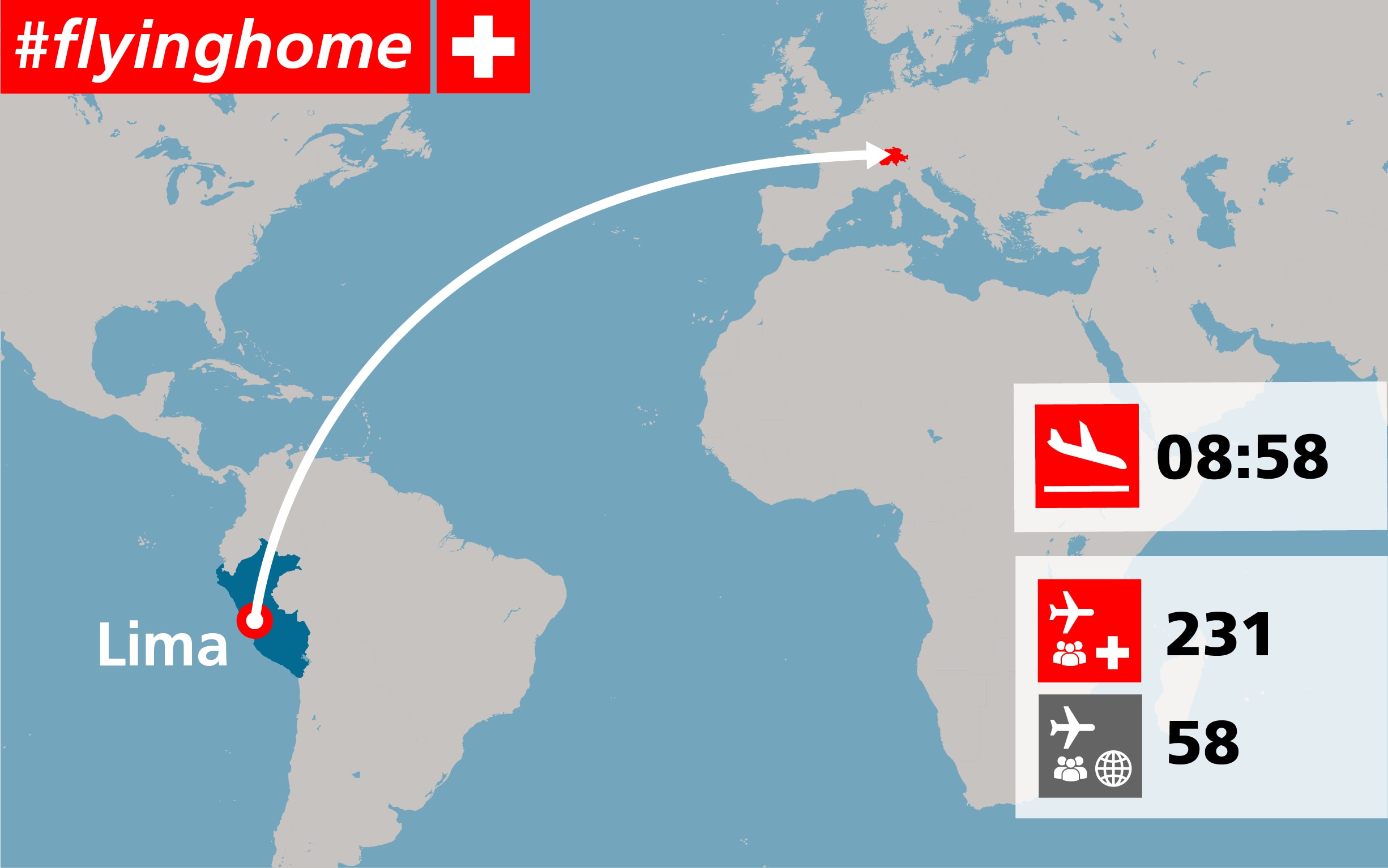   Carte indiquant l'itinéraire du vol de Lima à Zurich