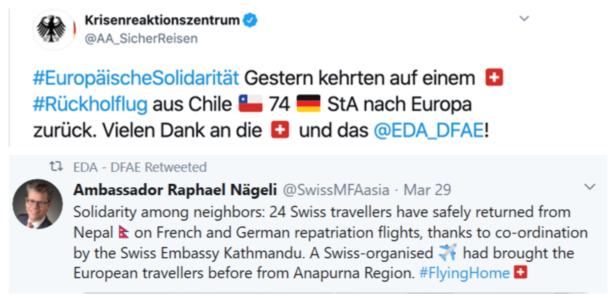 Screenshots of two tweets in which Germany thanks Switzerland and Switzerland thanks Germany for return flights.