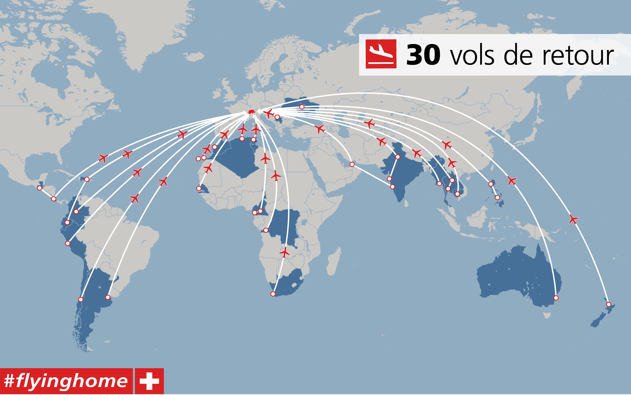Carte du monde avec les 30 vols affichés