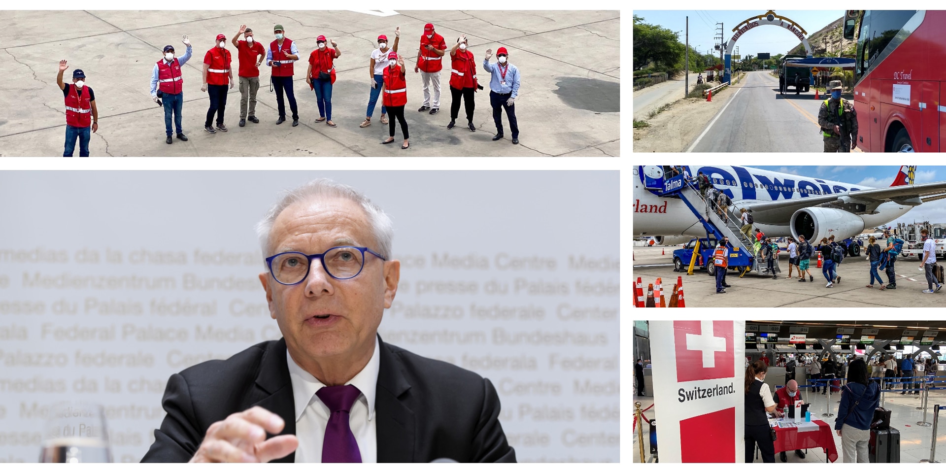 Collage: Johannes Matyassy s'exprime lors d'une conférence de presse; le personnel d’une ambassade salue sur le tarmac d'un aéroport; un bus organisé par la Suisse contrôlé au Pérou; des voyageurs suisses bloqués montent à bord d'un avion d’Edelweiss; un membre du personnel d’une représentation suisse s'occupe d'un voyageur à un comptoir d'enregistrement. 