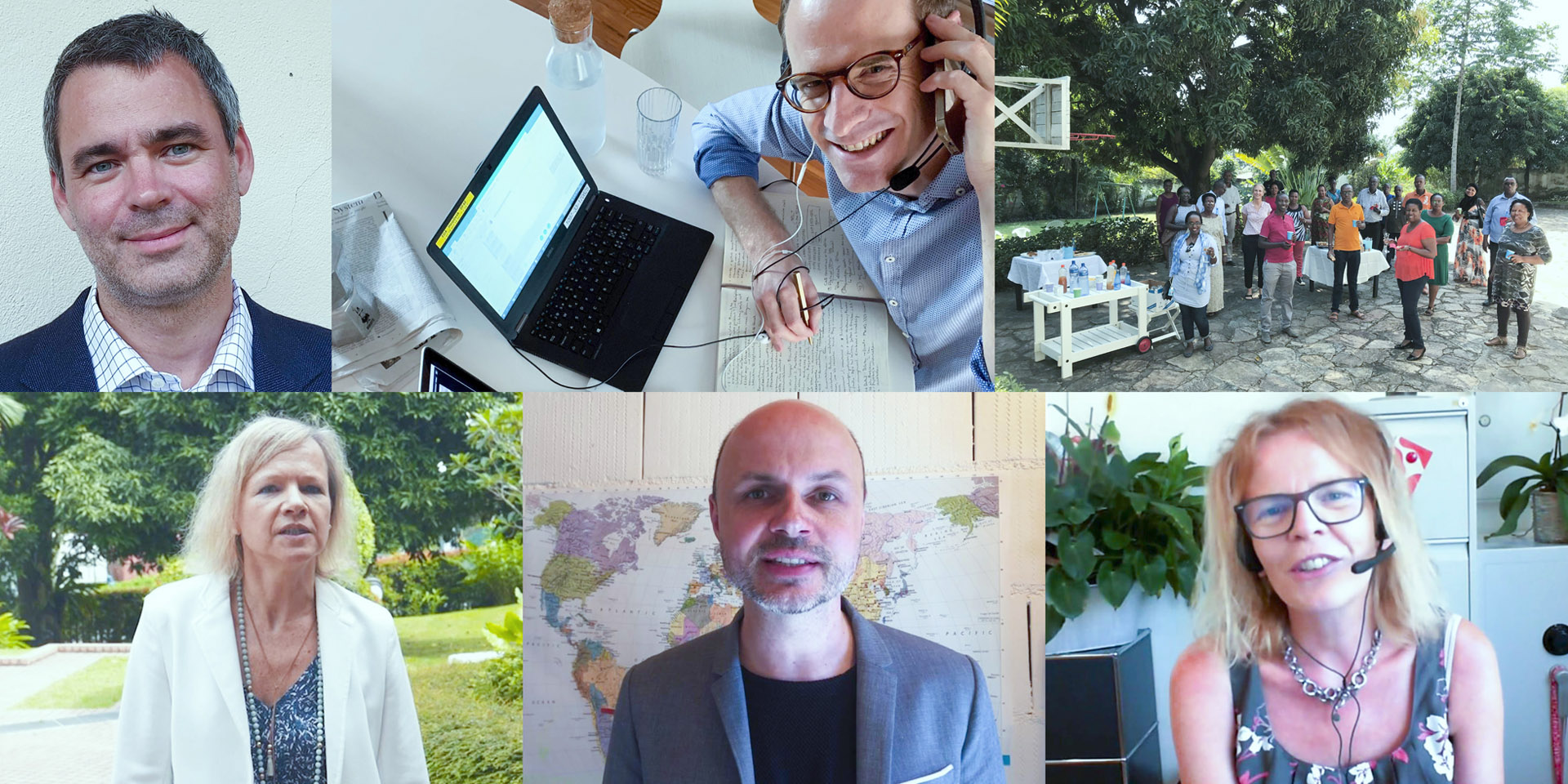  mosaic of six portraits of FDFA staff working in Swiss representations around the world. 