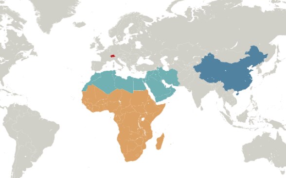 Carte du monde avec les zones du Moyen-Orient, de l’Afrique du Nord, de l’Afrique subsaharienne et de la Chine marquées en couleur.
