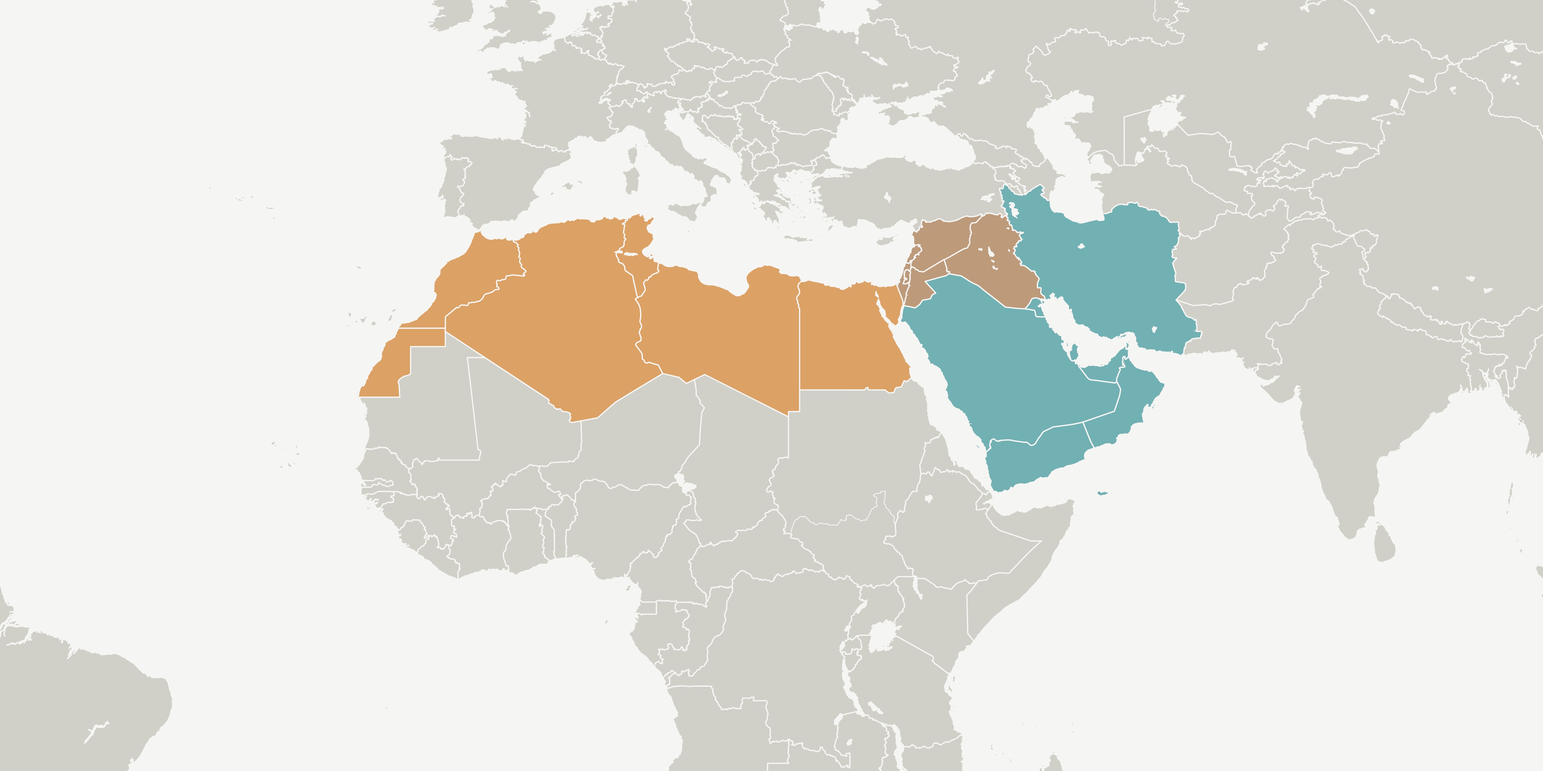 Un graphique montrant les trois sous-régions Afrique du Nord, Proche-Orient, Péninsule arabique et Iran.