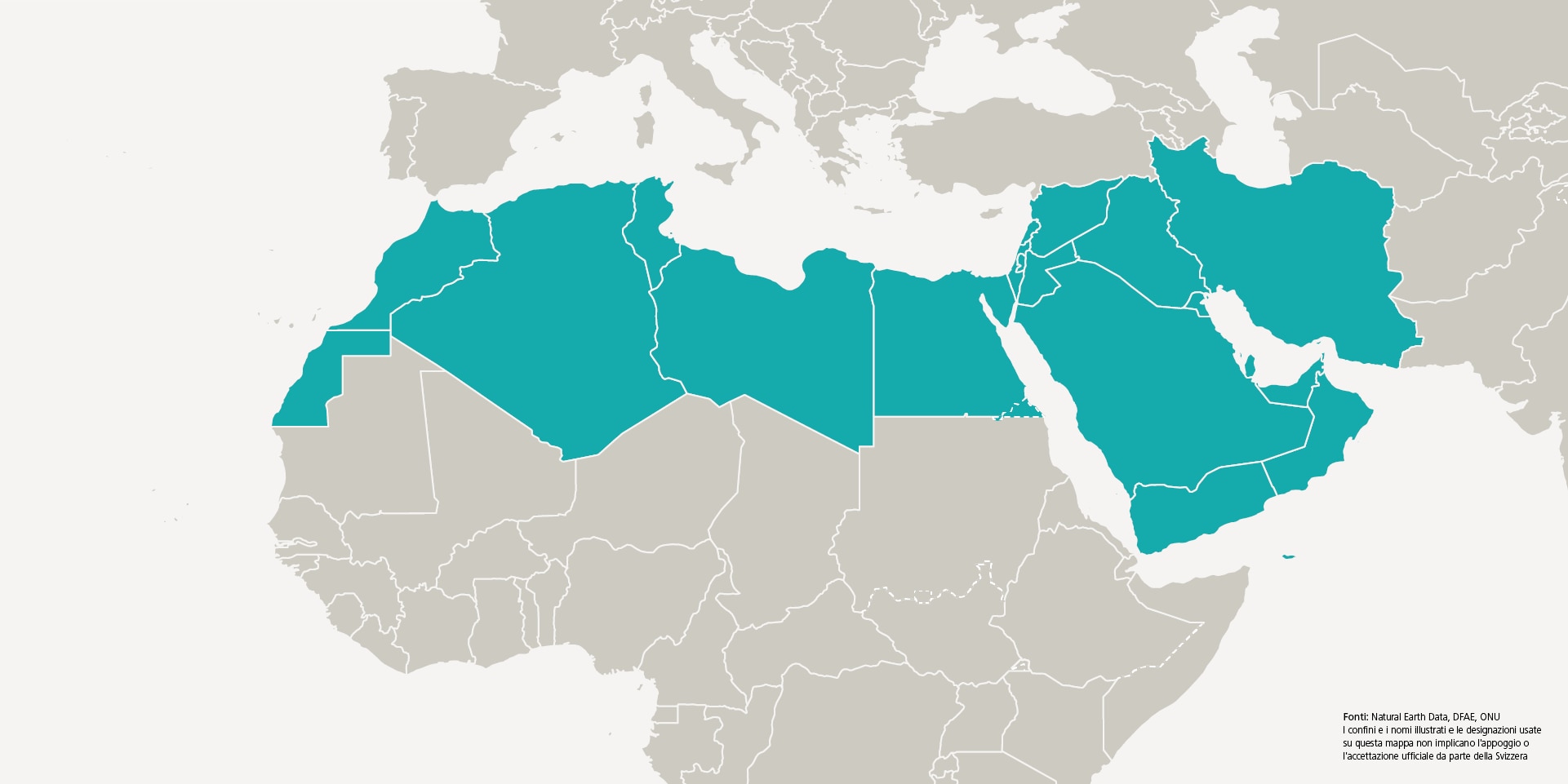 Una figura mostra una sezione della cartina del mondo. I 18 Paesi colorati costituiscono la regione MENA (Medio Oriente e Nord Africa).