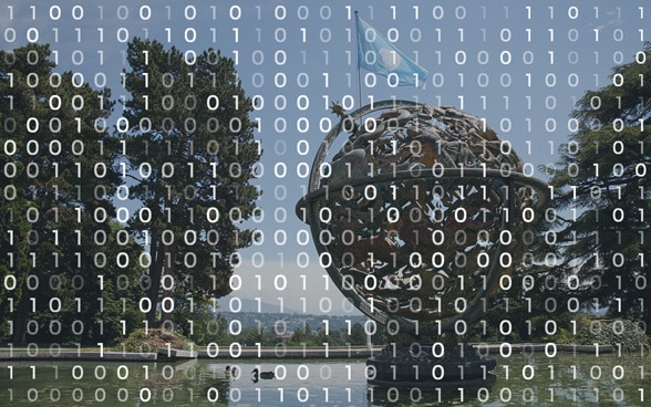 Photo of the Celestial Sphere at the Palais des Nations in Geneva featuring a watermark showing binary code composed of the numbers 0 and 1.