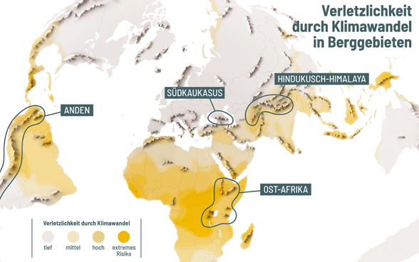 Weltkarte mit den gefährdeten Bergregionen eingezeichnet.