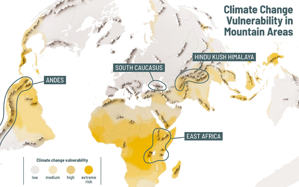 World map showing mountain regions under threat