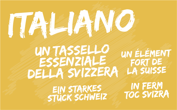 Das Motto «Italienisch: ein starkes Stück Schweiz» in allen vier Landessprachen. Im Hintergrund, ein Abbild der Landeskarte der Schweiz.
