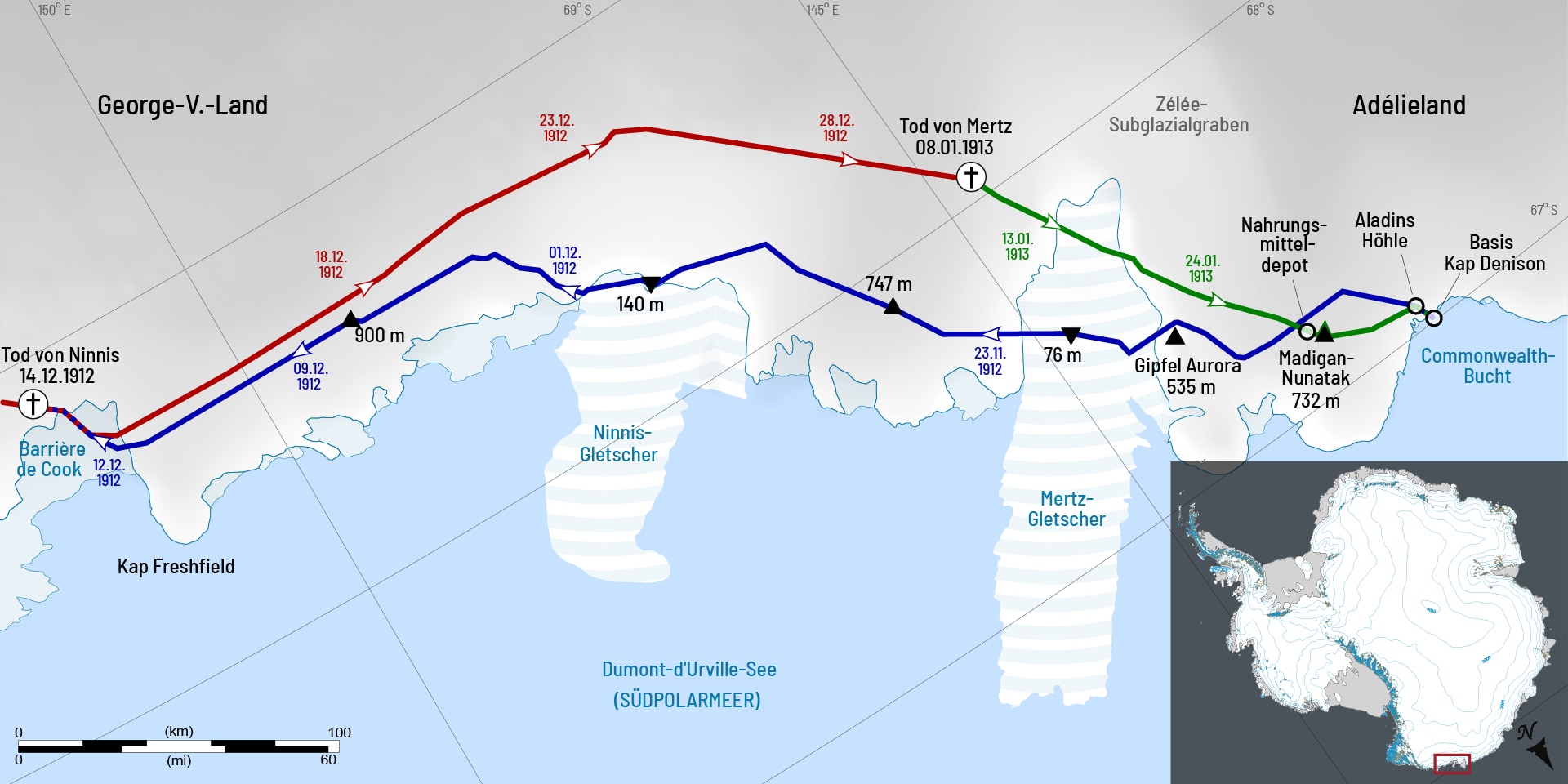 Karte der Route durch die östliche Antarktis