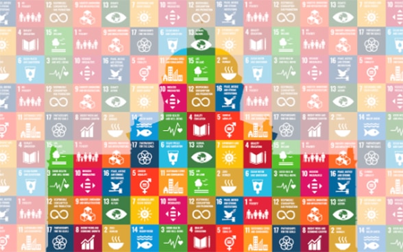 Kleine bunte Quadrate mit Symbolen zu den Zielen für nachhaltige Entwicklung der Agenda 2030 füllen das Bild aus. Zudem sind Umrisse des Parlamentsgebäudes zu erkennen.