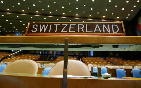 Wooden plaque of Switzerland in the hall of the UN General Assembly in New York.