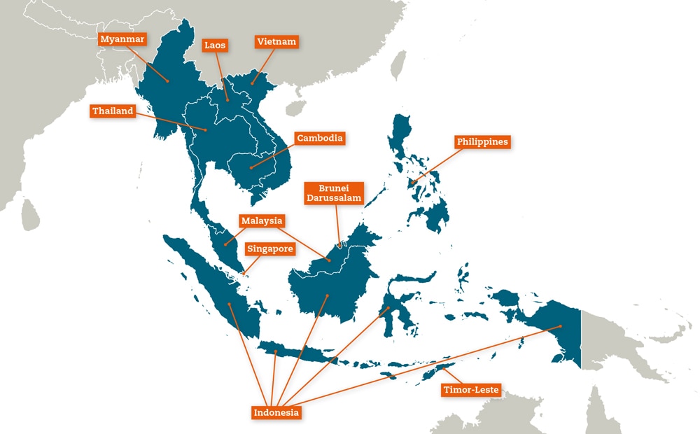 Karte mit den elf Ländern, die Südostasien bilden: Myanmar, Thailand, Laos, Vietnam, Kambodscha, Malaysia, Singapur, Indonesien, Brunei-Darussalam, Philippinen und Timor-Leste.