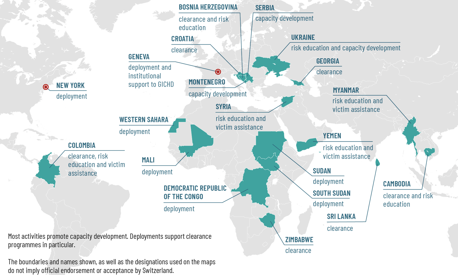 World map indicating countries where Switzerland is engaged in mine action.