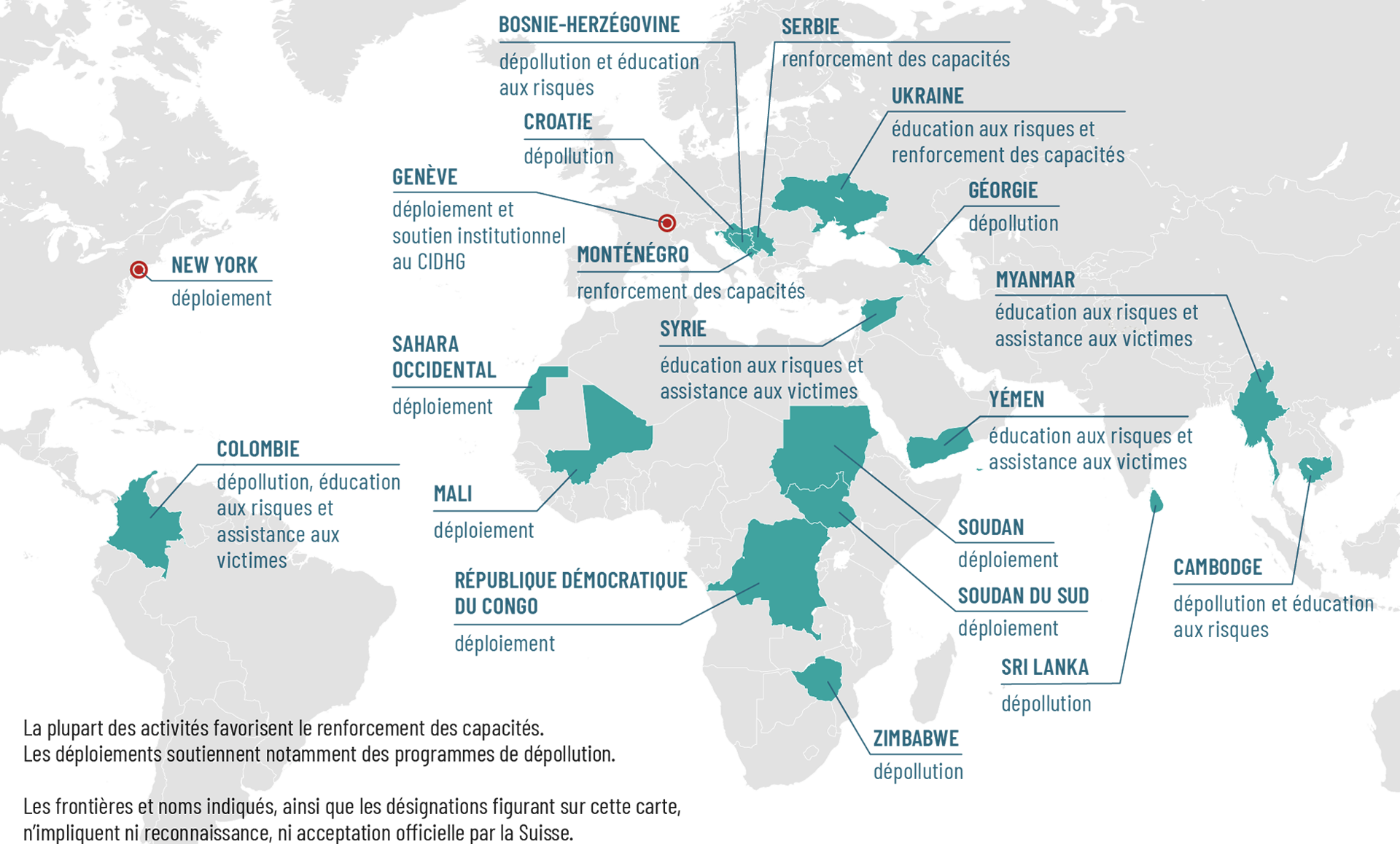 Carte du monde indiquant les pays où la Suisse mène une action contre les mines.