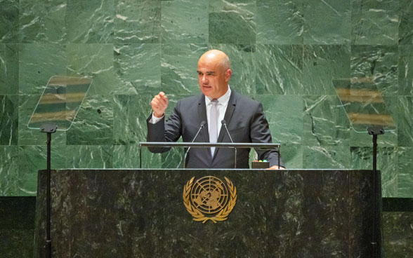 Lors du discours d’ouverture, le président de la Confédération Alain Berset s’exprime devant l’Assemblée générale de l’ONU.