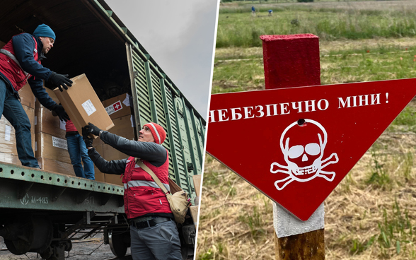  Nell'immagine di sinistra, due uomini stanno caricando delle casse su un treno merci; nell'immagine di destra, una persona sta cercando mine in un campo.