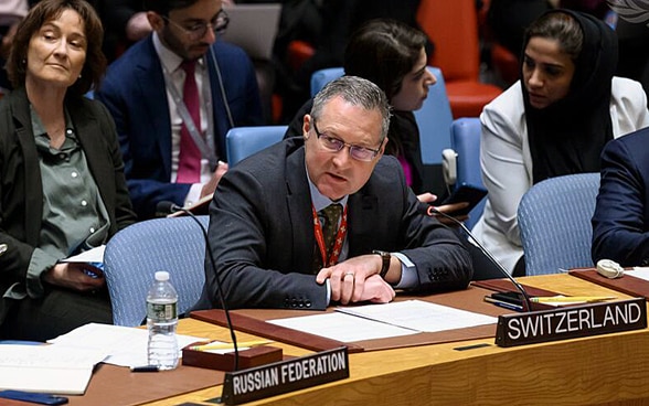 Thomas Gürber speaks at the horseshoe-shaped table of the UN Security Council in New York