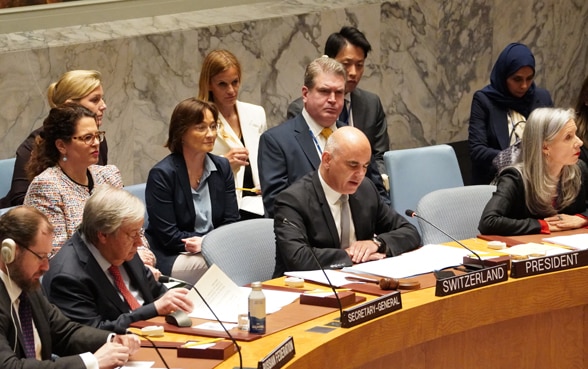 Le président de la Confédération Alain Berset s'exprime à la table en fer à cheval du Conseil de sécurité de l'ONU, à New York.