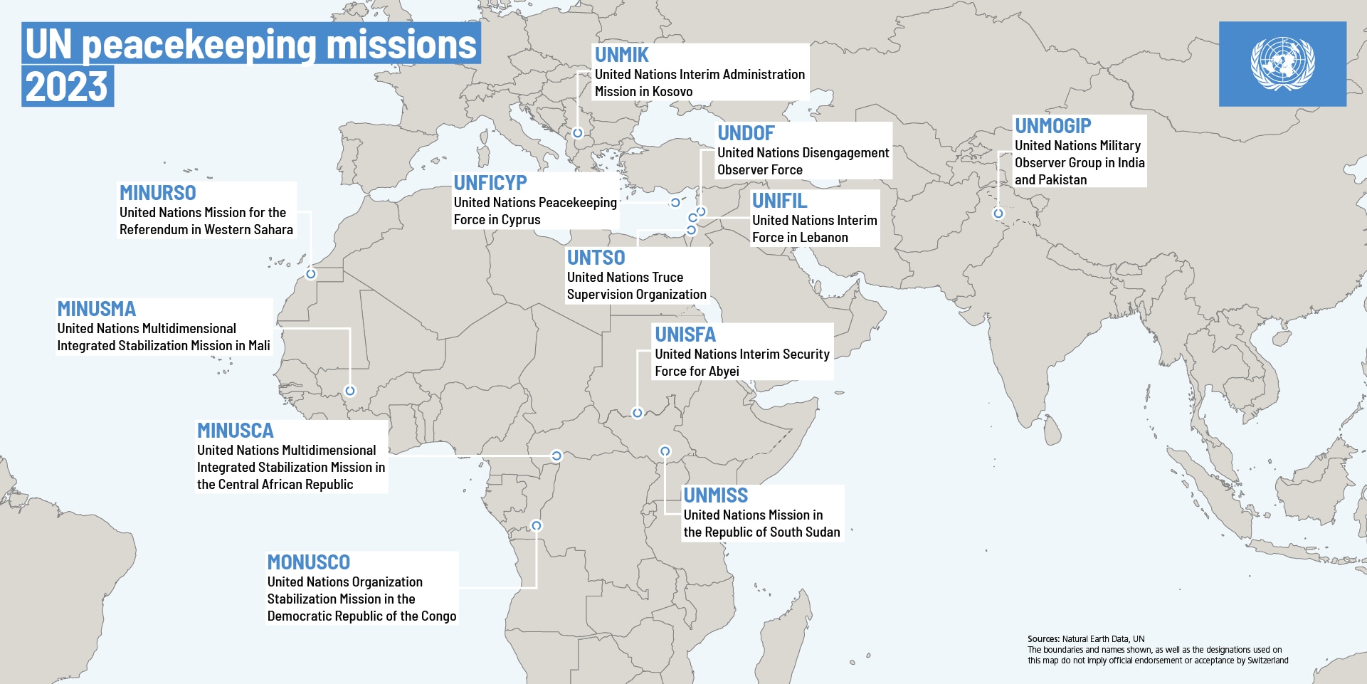 World map showing the twelve UN peace missions.