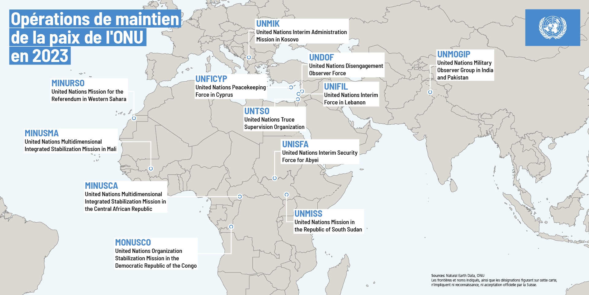 Carte du monde sur laquelle sont indiquées les douze missions de paix de l'ONU.