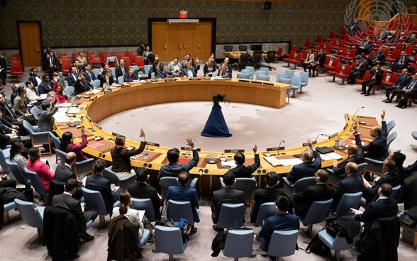 14 of the 15 members of the UN Security Council raise their hands and pass a resolution.