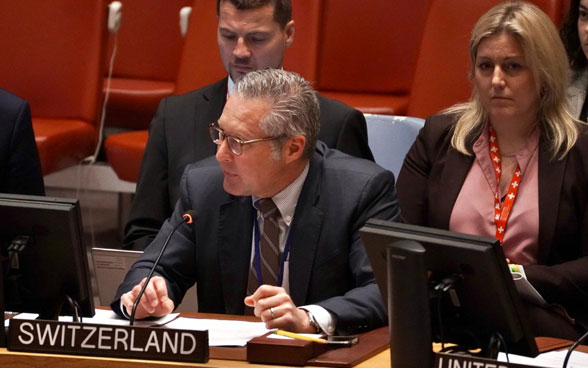 L'ambasciatore Thomas Gürber parla al Consiglio di sicurezza delle Nazioni Unite.