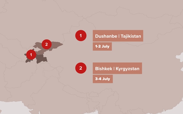 Map showing the stops of Federal Councillor Ignazio Cassis's visit to Central Asia.