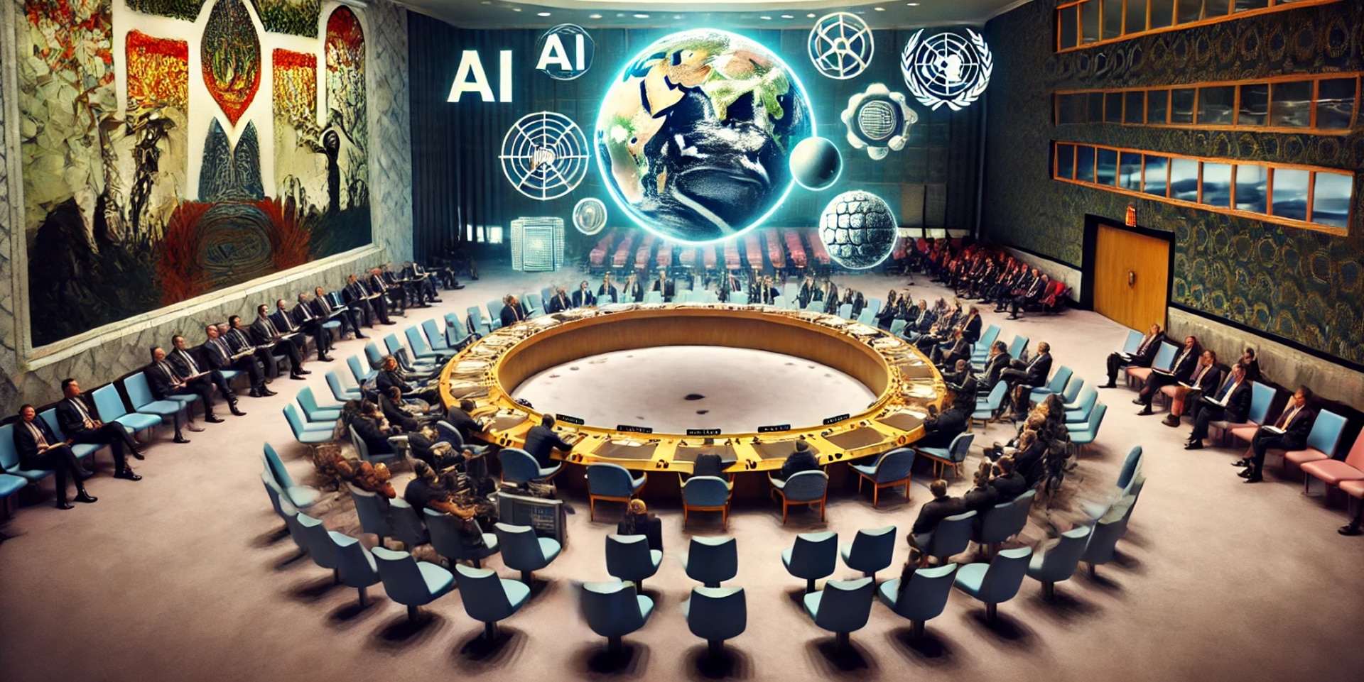 KI-Illustration, welche die Chancen und Risiken neuer Technologien für Frieden und Sicherheit in der Welt darstellen soll.