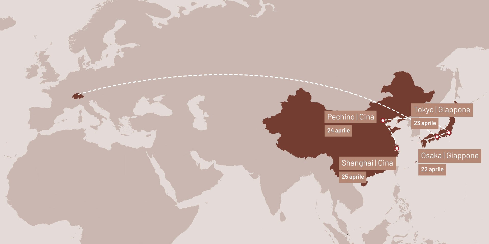Mappa con le varie tappe del consigliere federale Cassis: Osaka, Tokyo, Pechino e Shanghai.