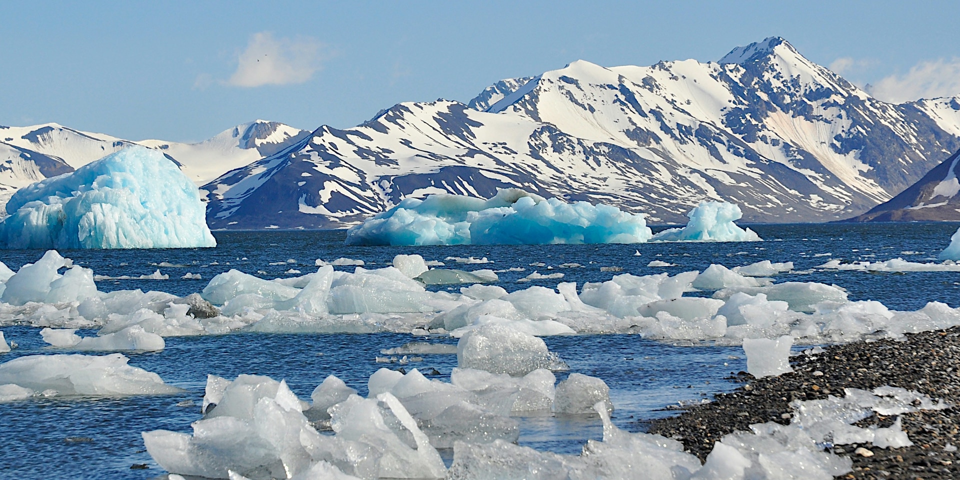 Un gruppo di iceberg che galleggiano su uno specchio d'acqua.
