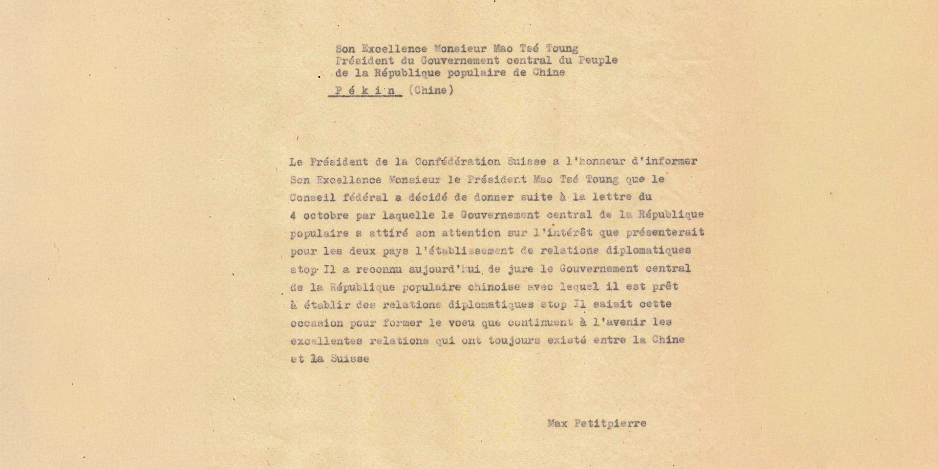 Una foto del telegramma inviato dall’ex presidente della Confederazione Max Petitpierre a Mao Zedong il 17 gennaio 1950.