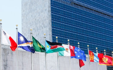 Hellgrau hinterlegte Elemente müssen in die vier EDA-Sprachen übersetzt werden. Fahnen verschiedener Staaten wehen im Wind vor einem Hochhaus – dem UNO-Hauptquartier in New York. 