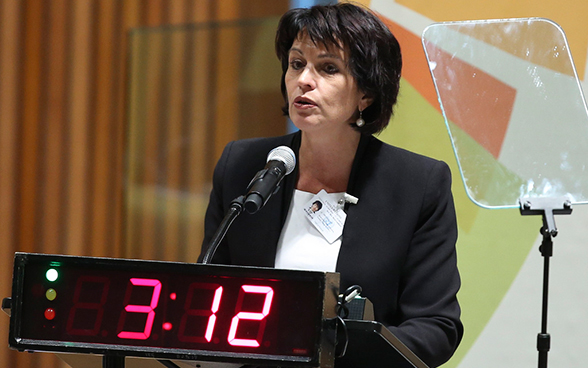 Federal Councillor Doris Leuthard giving a speech at the UN Climate Summit 2014 in New York.  
