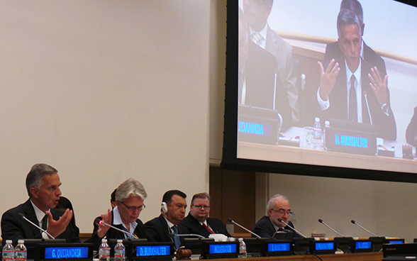 The President of the Swiss Confederation, Didier Burkhalter, gives a statement at the side event on water and disaster risk reduction which Switzerland organised together with Peru, Tajikistan and Thailand as part of the events during the 69th week of the UN General Assembly. 