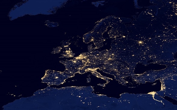 Satellite image of Europe at night, the number of lights reflecting different population densities.
