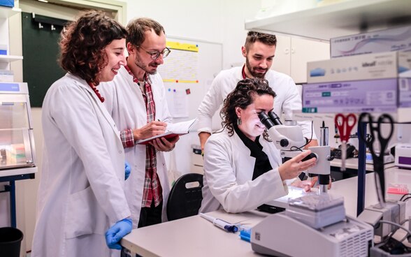 Wissenschaftler bei einer mikroskopischen Analyse im Labor.
