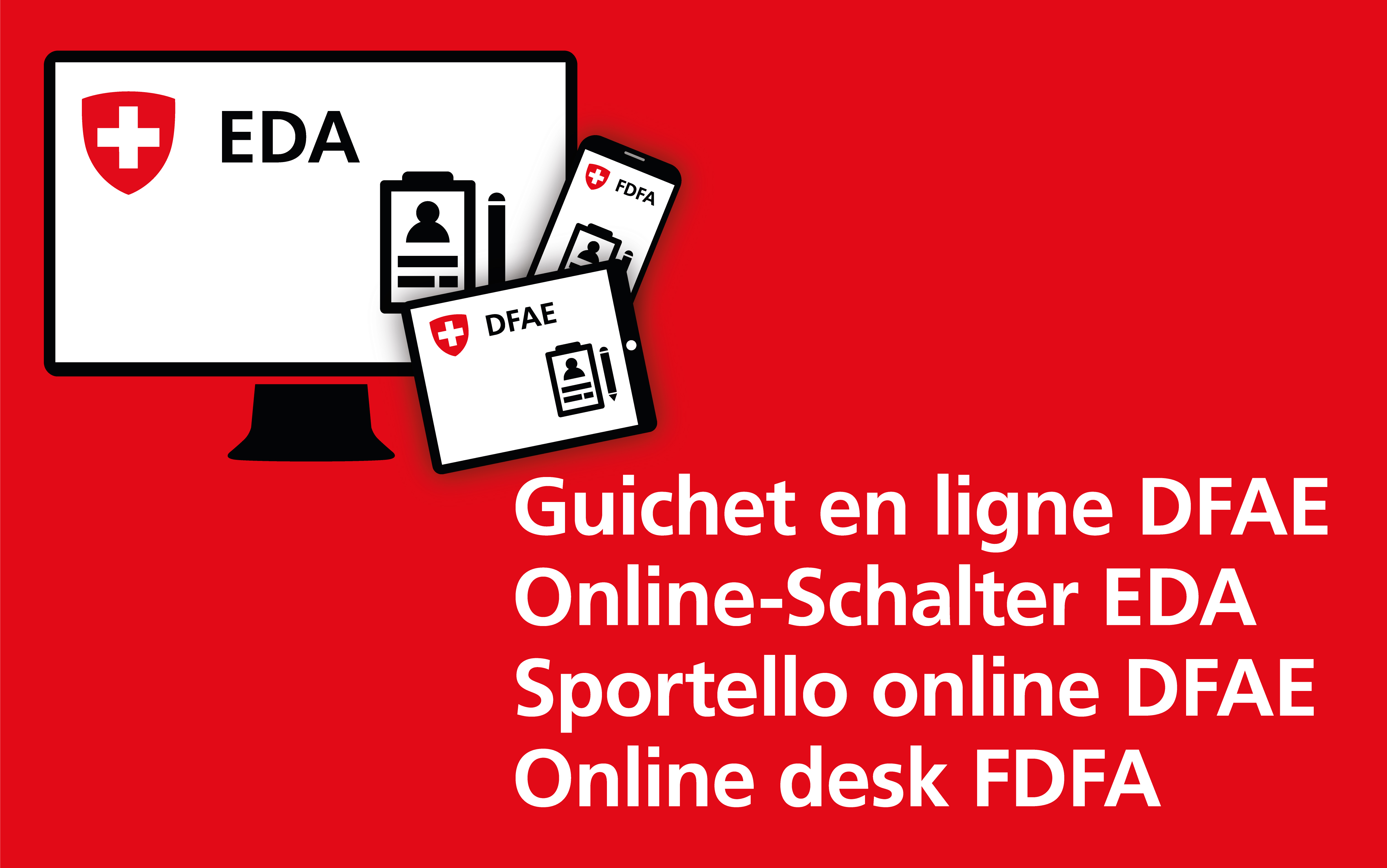 The logo of the FDFA’s online desk in four languages 