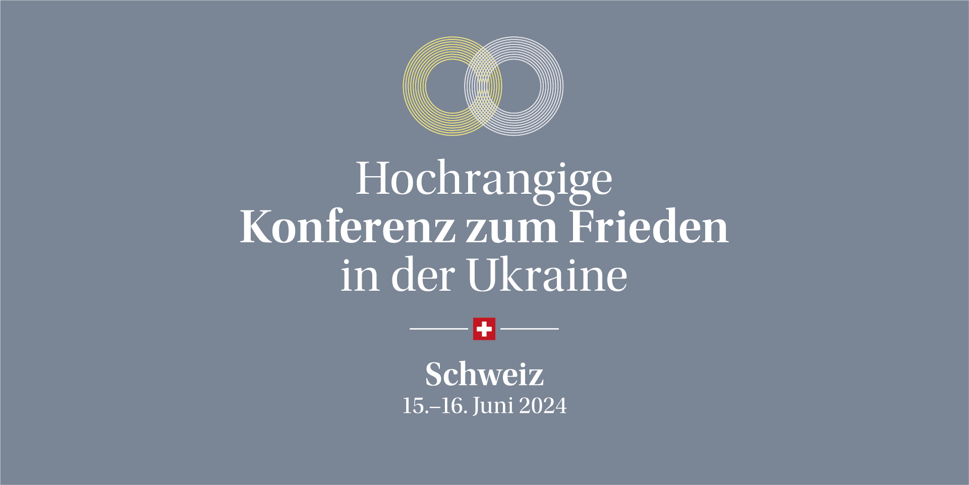 Eine Grafik mit einem blauen und einem gelben Kreis, die ineinander übergehen. Darunter stehen – ergänzt durch ein Schweizerkreuz – die Angaben «Hochrangige Konferenz zum Frieden in der Ukraine» und das Datum «15.-16. Juni 2024».