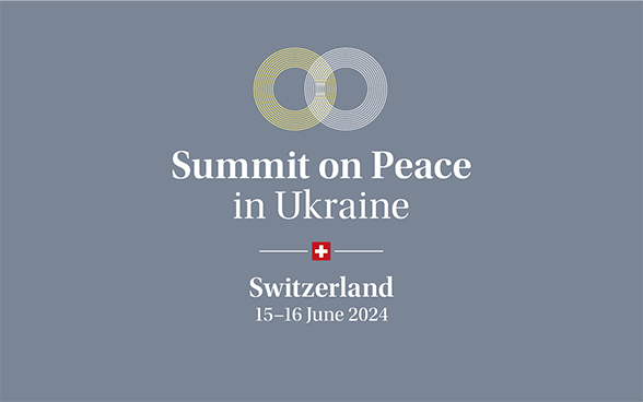 An image of overlapping blue and yellow circles. Below this – supplemented by a Swiss cross – are the words "Summit on Peace in Ukraine" and the date "15-16 June 2024".