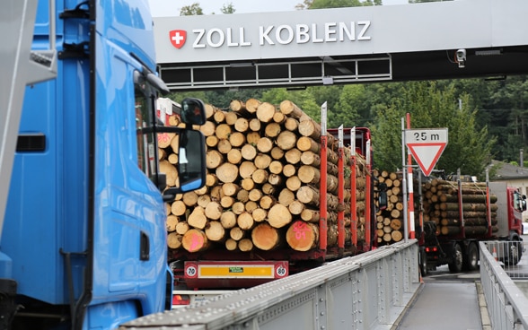Lorries wait in front of Swiss customs in Koblenz.