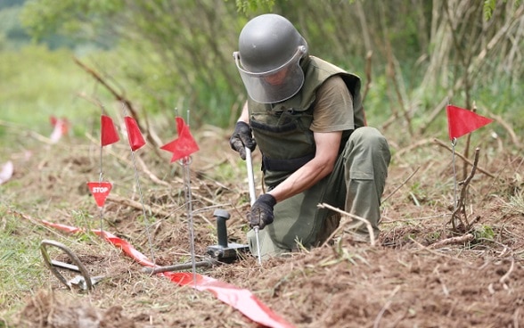 A man in protective clothing defusing a mine in a field.