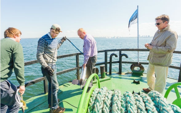 Researchers with echo-sounder on the Estonian research vessel "Salme".